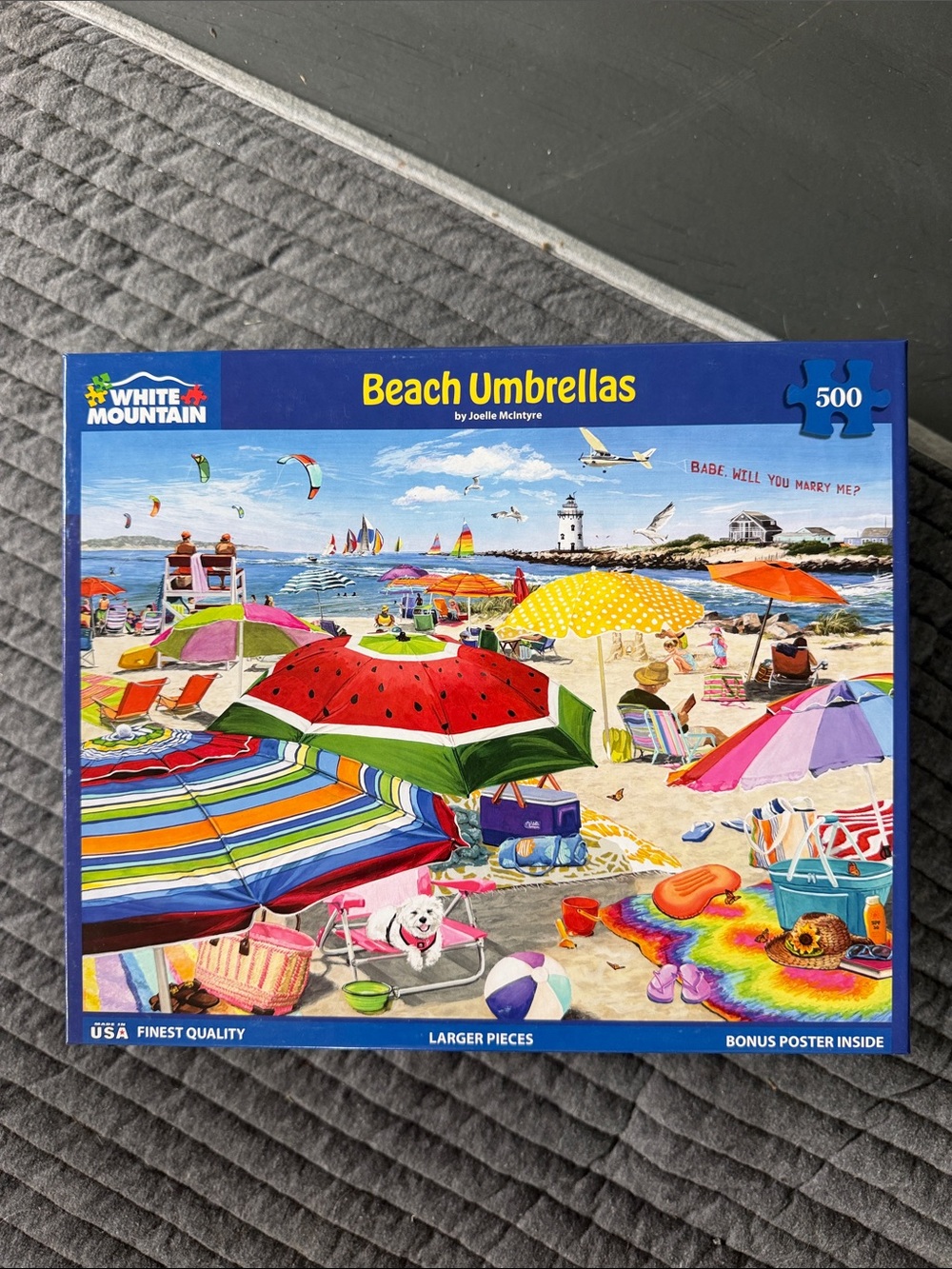 White Mountain Beach Umbrellas Puzzle — Bright Multicolor Stripes and Patterns